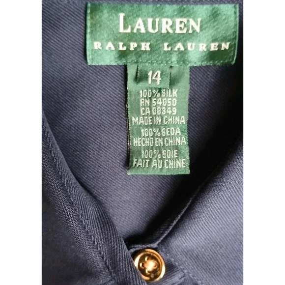Lauren Ralph Lauren Top 14 / XL Womens Navy Silk Gold Button Crest Old Money New - Picture 4 of 13